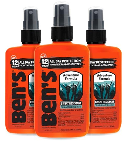 Ben's Adventure Formula - Tick & Mosquito Repellent for Up to 12 Hours of Protection - 20% Picaridin Bug Spray with Pump Spray - Sweat-Resistant - 3.4 oz (3 Pack)