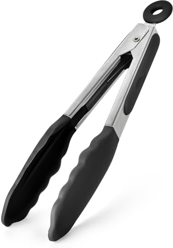 U-Taste Silicone Kitchen Tong, 315℃ Heat Resistant, 18cm, Black | Non Stick Rubber Tipped, 18/8 Stainless Steel Handle, Smooth Locking, Heavy Duty for Cooking Serving Buffet Salad Barbecue