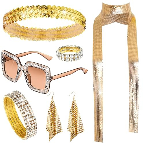 Goenb 6 Stück Disco Accessoires Damen, 70er 80er Jahre Disco Zubehör Glitzer Accessoires Abba Accessoire Damen 70er Jahre Outfit disco Kostüm für Fasching Karneval