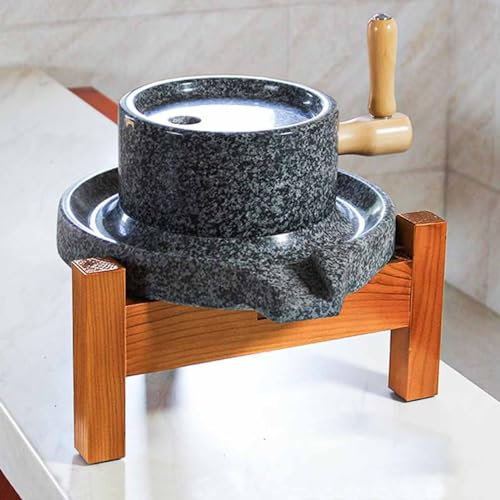 Getreidemühle Steinmühle Kaffeemühlen Steinmühle Mahlwerk mit Holzständer, Trocken-/Nass-Getreidemühle Gerste Erdnüsse Haferflocken Sesamkörner Paste Mühle, Handgefertigte geschnitzte traditionelle al