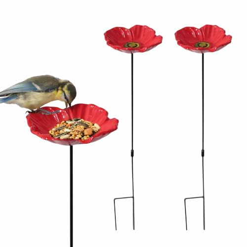 DIVCHI Bird Feeders Free Standing Flower Birds Feeding Station | Garden | Outdoor | Pole | Decorative | Wild Bird | Seed | Nut | Water | Bowl | Bath | Dish (Pack of 2) (Red)