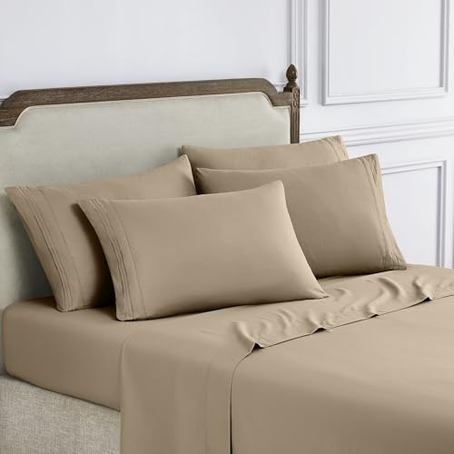 Modern Threads 6-Piece Bed Sheet Set - Deep Pocket, Soft Brushed Microfiber Sheets, Cool & Breathable for Mattress Up to 21 Inches, Includes 4 Pillowcases, Flat & Fitted Sheets, Cream Queen