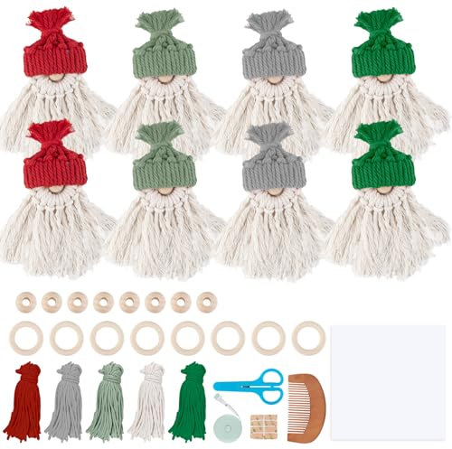Aitsite Weihnachtsschmuck Makrame Set, 8 Set Weihnachtsmann Bastelset Weihnachten, 4 Farben Bastelset Wichtel Makramee Set Anfänger, Weihnachtsdeko Selber Machen