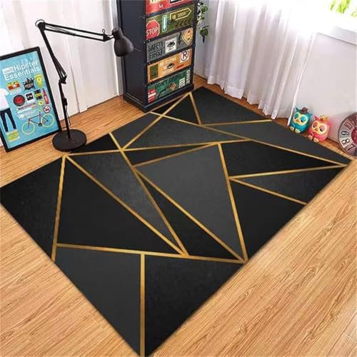 RUGMRZ Kinderzimmer Teppiche Mädchen 140x200CM Teppich Fliesen Teppich Oudoor schwarz Goldenes modernes geometrisches Muster Einfache Reinigung Wohnzimmer Teppich
