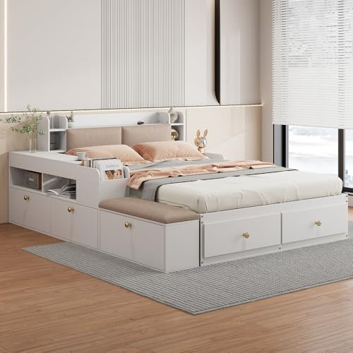 Massivholz-Kombi-Bett 140*200cm, Kopfteil mit eingebautem Staufach, mit Schubladen, mit Nachttisch, mit Stauraum-Langschrank, mit Sofabank, Stauraumbett Doppelbett Stauraumbett Tatamibett, weiß