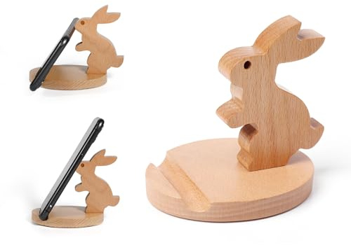 Esoes Tier-Handy-Ständer, Holz-Handyhalterung, Niedlicher Desktop-Telefonhalter, Tier-Tablet-Halter, Smartphone-Ständer, Kreative Tischdekoration (Kaninchen)