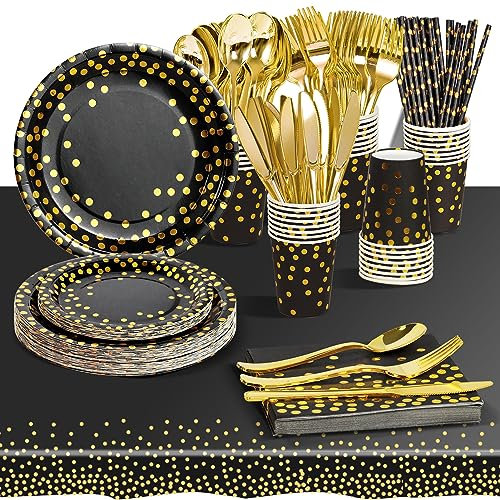 AIPartywar Partygeschirr Kindergeburtstag 226 Stück Schwarzesgold Pappteller Mädchen Party Geschirr Set Geburtstagdeko mit Pappbecher, Pappteller, Tischdecke, Servietten und mehr 25 Gäste