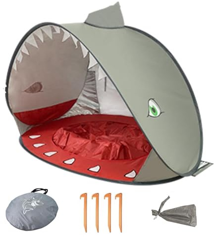 Strandmuschel Pop Up mit Uv Schutz,Sandkasten Muschel mit Bodennägel Winddicht,Baby Strandmusche für Strand, Park, Camping,Rasen,Uv Schutz Lsf 50+,Hundezelt Outdoor,Hai,Grau