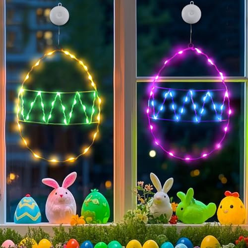 Osterdeko LED Fenster Licht, 2 Stück Lichterkette Ostern Ostereier Fensterlichter mit Timer Batteriebetrieben, Osterdeko zum Aufhängen LED Lichterkette Fensterbeleuchtung für Innen Fensterdeko (C)