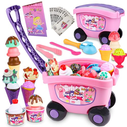 Magic4U Ice Cream Cart Toys for Kids, 48 PCS Ice Cream Shop Pretend Play Set with Scoops and Toppings, Role Play Food Kitchen Toddler Toys, Gifts for 3 4 5 6 Years Old Girls