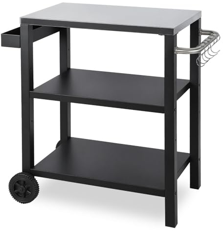 Peviasot Grillbeistelltisch | Outdoor-Grilltisch mit Verstellbarer Ablage, Gewürzregal und 6X Haken, mobiler Grillwagen mit 2 Rollen, Küchenwagen für Grill und Pizza, 84x67x41cm