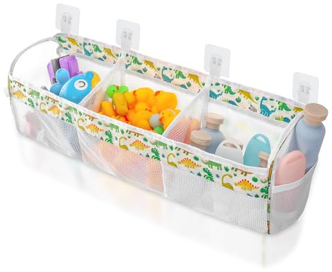 Huiguli Bolsa Juguetes Bañera, ExtraGrande Organizadores de Juguetes Baño con 5 Ganchos Autoadhesivos, Red de Almacenamiento Bañera para Niños Bebés, Secado Rápido (Dinosaurios)