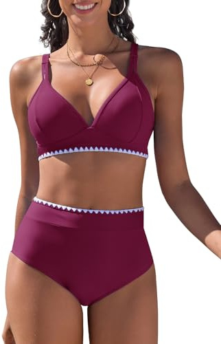 UMIPUBO Baddräkt 2 delar dam push up bikini V-ringad hög midja baddräkter set solid sexig tvådelad hög midja, Lila röd, XXL