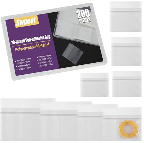 Swpeet Lot de 200 sacs en cellophane transparents auto-scellants de 8 tailles, sacs à friandises adhésifs, sacs à biscuits transparents pour emballer desserts, biscuits