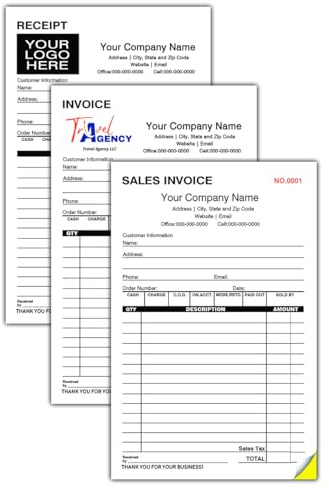 Custom Invoice Receipt Book Duplicate Carbonless Form, 100 Sets of Personalized Sales Order Book in Bulk for Small Businesses, 2-Part White/Yellow, Come with Pad (Inches, 8.5 X 5.5 - 2 Part)