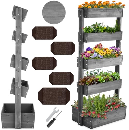 tectake® Vertikalbeet mit 5 Etagen, Hochbeet aus Holz, Pflanztreppe, Hochbeet Balkon, Blumenbeet, Kräuterbeet, Gemüsebeet, Pflanzenregal, Blumenkasten Holz mit Pflanzvlies - grau, 81 x 52 x 180 cm