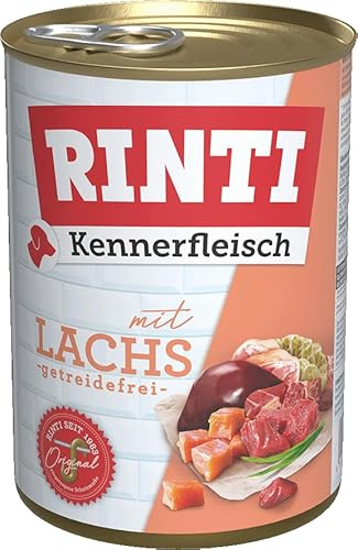 RINTI - Carne d'intenditore | Alimento umido con 70% di carne per cani adulti – Cibo completo senza cereali in scatola senza soia, coloranti e conservanti | 12 x 400 g di salmone