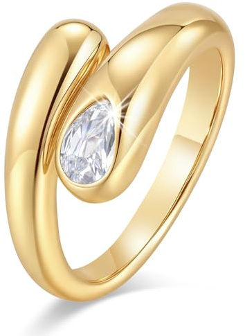 Lilbitty Gold Ring Damen Verstellbar Mit Stein Zirkonia Träne， Eleganter Damenring Schmuck Wasserfest Edelstahl