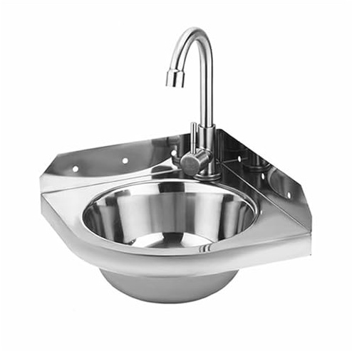 Lavabo angolare in acciaio inox, 26 x 26 cm, per montaggio a parete, lavabo singolo con rubinetti dell'acqua calda e fredda, per barche, roulotte, camper, bagno, WC