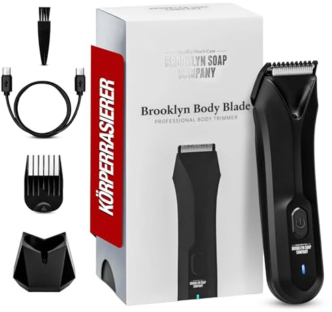 Brooklyn Soap Body Blade - Präziser Trimmer für Männer | sanfte L-Klinge für sensible Zonen, wasserdicht, LED-Spotlight, 90 Min Akku, 3 Kammaufsätze, USB-C-Ladestation