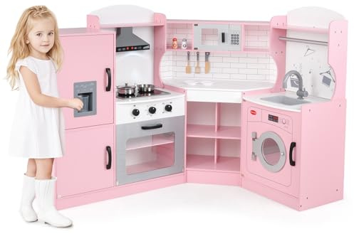 DREAMADE Cuisine Enfant pour 3 Ans+, Cuisine d’Angle en Bois avec Machine à Glaçons, Jeu d'Imitation avec Effets Sonores & Lumineux, Accessoires Inclus (Rose)
