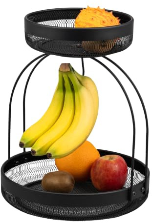 eluno 2-stöckige Obstetagere mit Bananenhalter, Brotkorb, Obstschale, Obstkorb aus schwarzem Metall, viel Platz für die übersichtliche Lagerung von Obst, Gemüse, Brot und Snacks in Küche und Wohnzimme