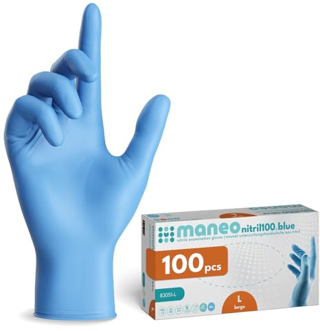 maneo 100x Einweghandschuhe Blau, Nitril Handschuhe puderfrei L | Einmalhandschuhe, Handschuhe Einweg, latexfreie Gummihandschuhe, Nitrilhandschuhe, Putz-, Koch- & Haushalts-Handschuhe