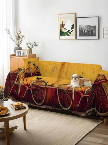 Bicycles Sofa Cover Blanket Couch Covers for Armchair Cushion,Couch Sofa Silpcover with Tassel,Farmhouse Vintage Vehicle Yellow Broken Walls Living Room Throw Towel Blanket Covers XX-L 71x150