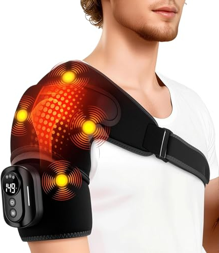 Schultermassagegerät mit Wärme, 5 einstellbare Wärme- & Vibrationsmodi, 5000mAh Dreifach-Methode Schultermassagegerät mit Fernbedienung, 3-Gang-Timer, ideal für Zuhause, Büro (Schwarz)