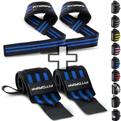Fitgriff Handledsbandage dragstöd (2 par/4 stycken) premium fitnessset för styrketräning, bodybuilding och styrketräning – för kvinnor och män – 2 års garanti (svart/blå)