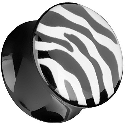 Piersando Ohr Plug Piercing Kunststoff Motiv Comic Picture Flesh Tunnel Ohrplug Double Flared mit Zebra Muster Schwarz 8mm