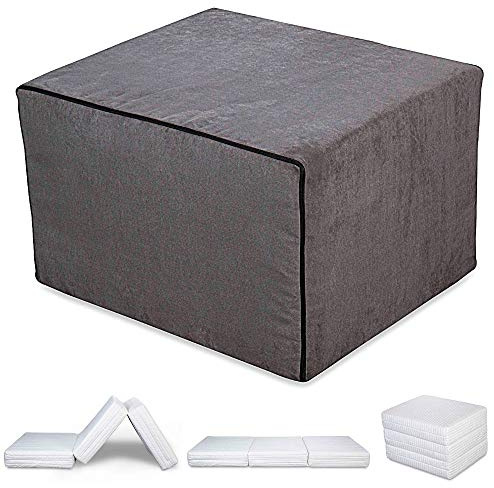 EVERGREENWEB - Pouf Letto con Rivestimento Grigio Sfoderabile trasformabile in Confortevole Materasso Singolo 80x190 WATERFOAM Alto 15 cm Pieghevole 3 Pezzi Multiuso Puff Futon Salvaspazio per Ospiti