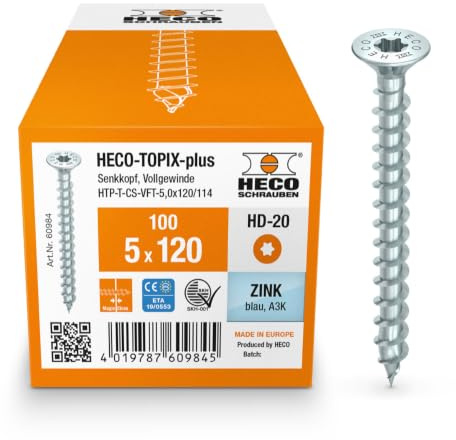HECO-TOPIX-plus Holzschraube 5 x 120, Senkkopf mit Frästaschen, HECO-Drive, HD-20, variables Vollgewinde, verzinkt blau, A3K, 100 Stück