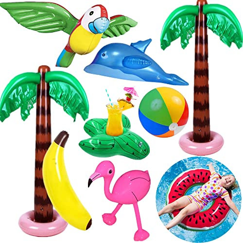 Yetech Palme Gonfiabili 9 Pz Set Decorazione per Feste Hawaiane Giocattoli Fenicottero Gonfiabile Banana Pappagallo Delfino per Luau Decorazione del Partito Sfondo Spiaggia