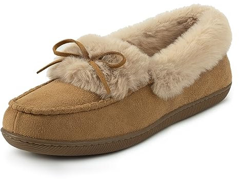 RockDove Women's Faux Fur Lined Micro Suede Moccasin Slipper, Size 8 US Women, Tan