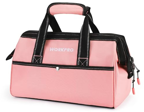 WORKPRO 13-inch Tool Bag, Pink Soft Cloth Tool Bags for Women, Wide Mouth Tool Tote Bag with Inside Pockets for Tool Storage