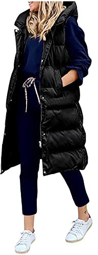 HHMY Chaleco de invierno para mujer, con capucha, sin mangas, con bolsillos, cálido, acolchado, chaqueta de entretiempo acolchada, para exteriores, tallas S - XXL, Negro , M