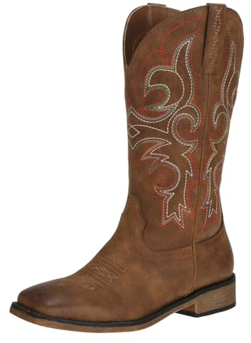 J's.o.l.e Womens Square Toe Cowgirl Cowboy Boots Mid Calf with Chunky Heel Retro Embroidery Western Boots Brown US Size 6