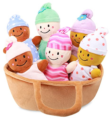 Qpewep Basket Plush Baby Dolls Soft Multicultural Sensory Babies Toy Set 6 Piece Interchangeable Clothes Stuffed Plush Figures for All Ages Easter Gift