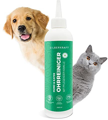 Silberkraft Ohrreiniger für Hunde und Katzen, Ohrenpflege, mit Kamillenextrakt, reinigt sanft und schonend, lindert Juckreiz, für Welpen geeignet (250 ml)