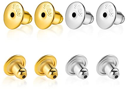 KINBOM 8 Piezas Tuercas Pendientes Seguridad, Tapones para Pendientes Plata de Ley 925 Hipoalergénico Tapones para Aretes para Tachuelas Ganchos para Aretes (Chapado en oro18K, Oro Blanco 18K)