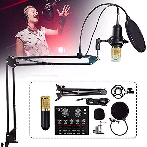 HMTE Condenser Microphone Bundle, Mic Kit with Live Sound Card, Mic Set with Adjustable Mic Suspension Scissor Arm, Mini Sound Mixer Board with Multiple Sound Effects, for Podcast, Game etc