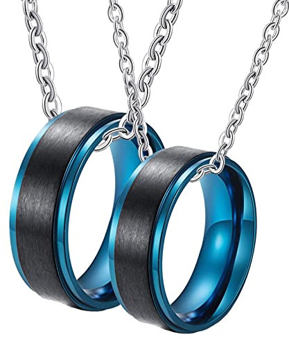Homxi Pärchen Kette mit Ring,Edelstahl Ring für Paare Ringe Paare 8MM Schwarz Blau Ring mit Rund Gebürstet Halskette Herren 60cm Damen Kette 50cm