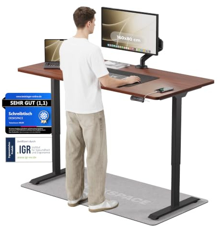 DESKSPACE PRO höhenverstellbarer Schreibtisch elektrisch (160x80cm) - Büro Tisch mit Kollisionsschutz, Memory-Funktion und USB-Anschluss, Stehpult (Gestell Schwarz, Tischplatte Mahagoni)