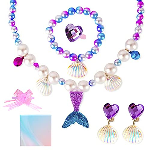 AYNKH Meerjungfrauen-Schmuckset für Mädchen, mit Geschenkbox, Meerjungfrauenschwanz, Halsketten, Muschel-Armband, Ohrringe, Ring für Prinzessin, Verkleidung, Party, Weihnachten, Geburtstagsgeschenk