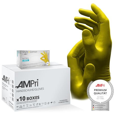 AMPri Nitrilhandschuhe, gelb, 10 Box a 100 Stk, Größe S, puderfrei, Style Lemon by Med-Comfort: Nitril Einmalhandschuhe, Einweghandschuhe in den Größen XS, S, M, L, XL