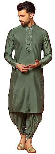KISAH Men's Kurta Dhoti Set Cotton, Full Sleaves, Knee Length, Straight, Regular Fit, Mandarin Collar Ethnic Casual Traditional Wear 40 Green & Thanksgiving