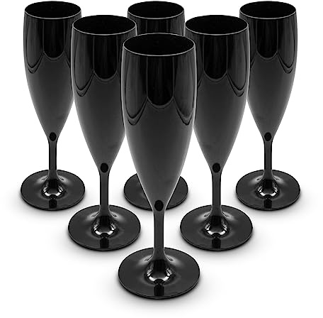 DOJA Barcelona | Copas de Champagne 160 ml | Pack 6 | Flauta Negras | 195x68x2 mm | Plástico Duro Policarbonato | Reutilizable | para Novios Boda, Champán