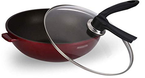 OQHAIR Wok - Wok antiaderenti e padelle per friggere con Coperchio, cestello per friggere e griglia a Vapore, Padella Wok in Rame Antiaderente