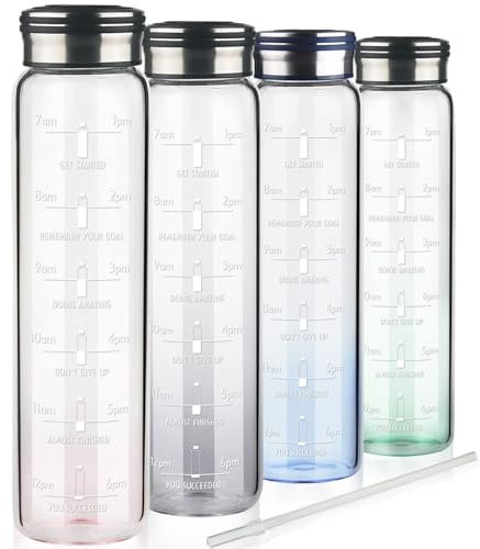 Cleesmil Trinkflasche Glas 1l, Motivierende Wasserflasche mit Strohhalm & Zeitmarkierungen, 1 Liter Glasflasche mit Neoprenhülle, Kohlensäure Geeignet
